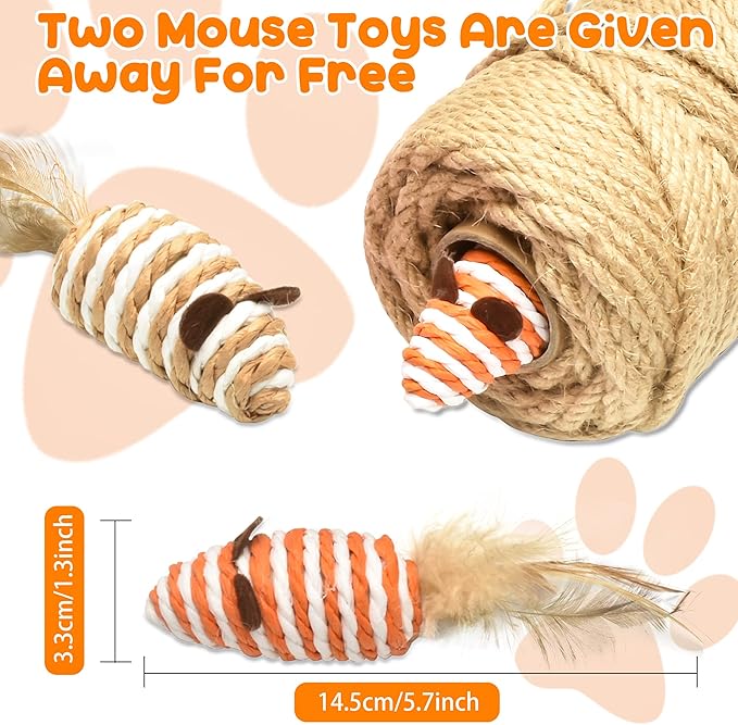 328FT/100M Cat Scratching Sisal Rope, 6mm 1/4 inch Thick Natural Jute Rope for Scratch Posts, Cat Trees, DIY Projects, Sisal Rope for Cat Scratcher with 2 Cat Mouse Toys (Natural, 328ft)