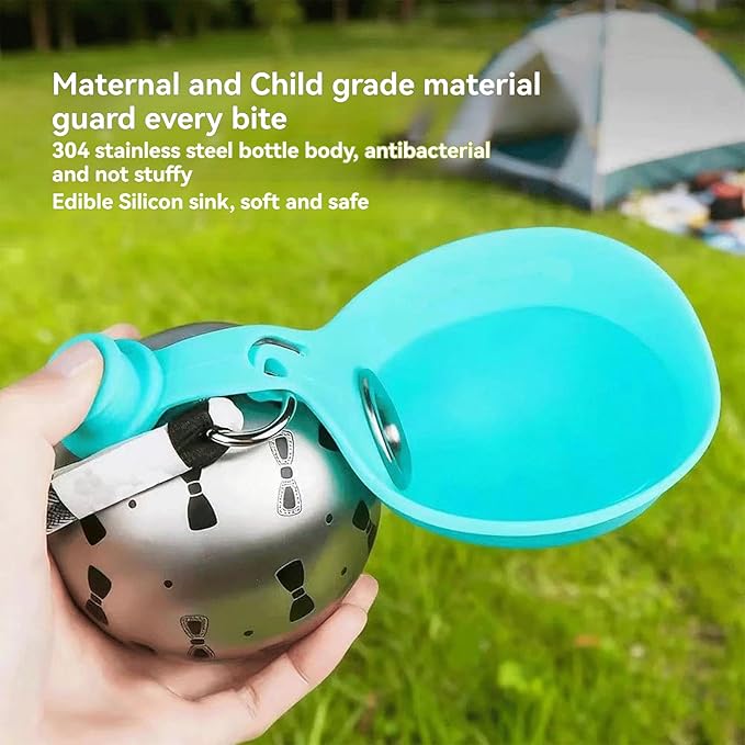 Portable Dog Water Ball, Foldable Pet Water Bottle – Portable, Leak-Proof & Perfect for Travel, 304 Stainless Steel Large-Capacity (287ml) Cup with Foldable Silicone Bowl (Blue)