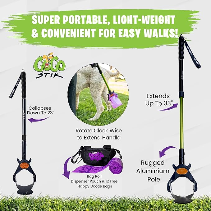 GoGo Stik, Catch-N-Go! Consumer Reports #1 Rated Ergonomic Scooper 2024,2026. Catch Poo on Walks. Alum Tele-Handle, Bag Pouch Dispenser, Wrist Strap. 10-Yr Wty.