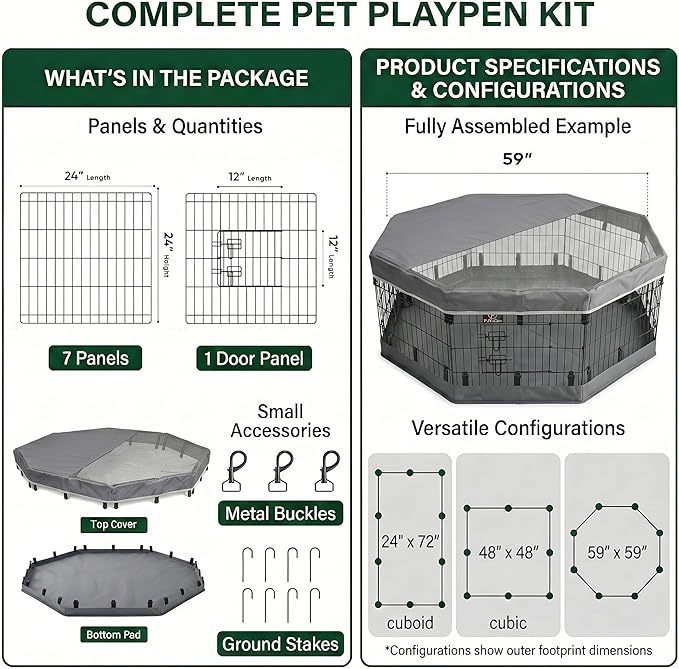 PJYuCien Dog Playpen with Top Cover and Bottom Pad - Metal Foldable Exercise Pen, 8 Panels 24" H x 24" W Indoor Outdoor Pet Fence Puppy Crate Kennel, Gray