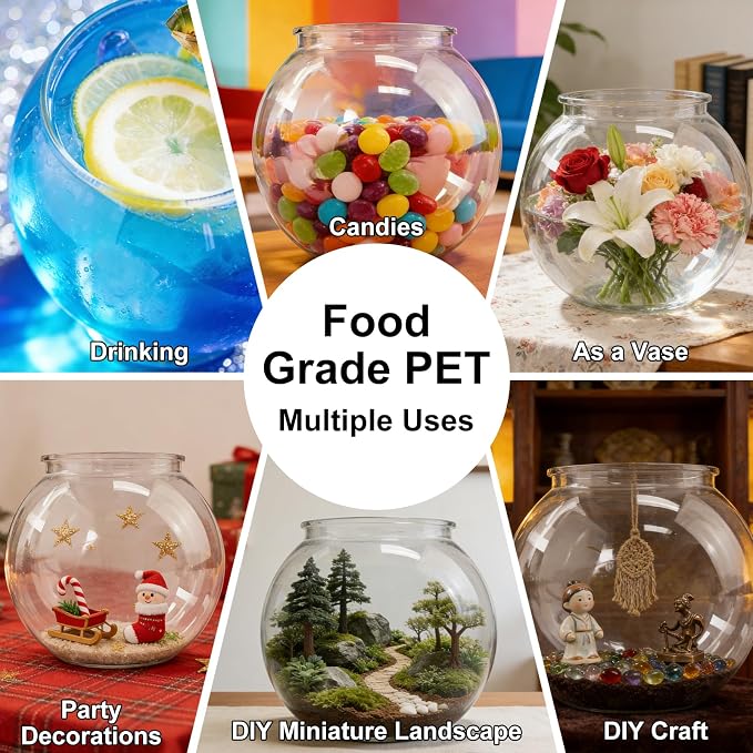 Plastic Goldfish Fish Bowl Drum Clear Aquarium Starter Kits | High Transparent Round Acrylic Fish Tank with 1 Artificial Aquatic Plant and 1 Bag Mini Ornamental Stones, 0.72Gallon/ 2.75L