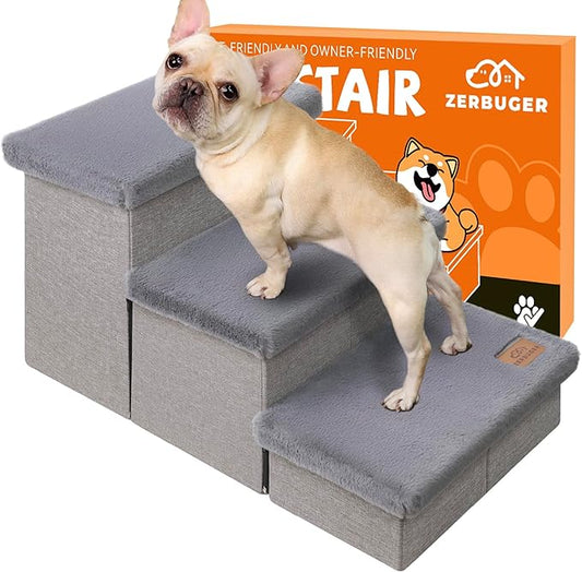 Zerbuger Dog Stairs with Furry Lids 18" H, 3-Step Wider Dog Steps with Storage for Small/Medium/Large Old Dogs Cats, Folding Sturdy Pet Stairs Climbing Bed Couch, Ramp for Car Hold Up to 200 lbs, Grey