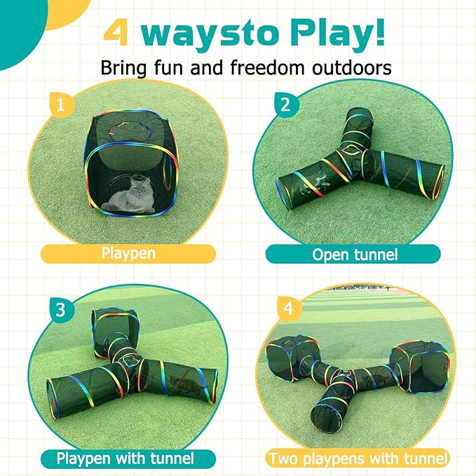 Outdoor Rainbow Cat Enclosures Playground,Outside House for Indoor Cats Include Portable Tent, 3 Way with 2 Cube Tunnel, for Kitty and Small Animals,Within Storage Bag