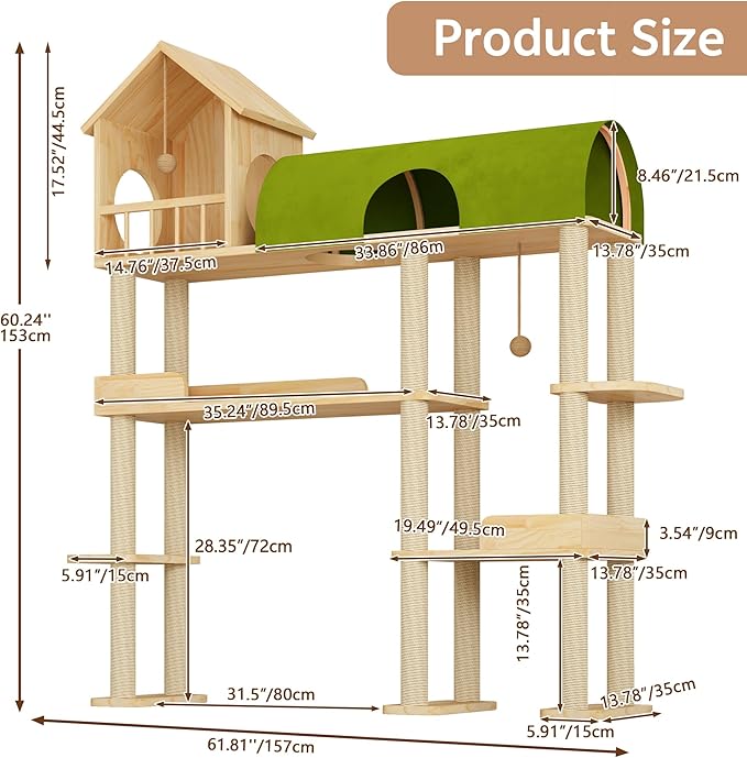Cat Tree for Automatic Litter Box, 60Inch Large Cat Tower for Heavy Cats up to 22lbs, Solid Wood Cat Shelf with Condo, Space-Saving for Indoor Multi-Pet Households, Stops Furniture Scratching