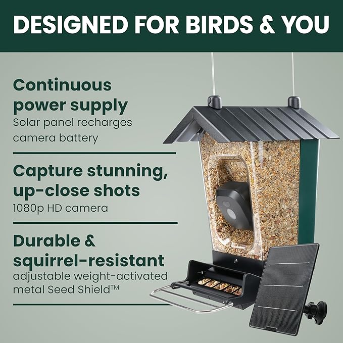 Perky-Pet Solar Powered Smart Bird Feeder with Camera - Squirrel-Resistant, 3.2L Capacity, Motion Activated 1080p HD WiFi Live Stream Camera, SPCAM, SPCAMSLR - Camera Feeder Gift Idea, Yellow