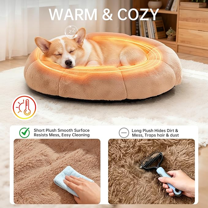 OhGeni 31 inches Calming Donut Dog & Cat Bed for Medium Pets, Warming Comfort Fluffy Short Pile Fur, Durable Waterproof Machine Washable Removable Cover, Cute Round Bed for Puppy, Camel