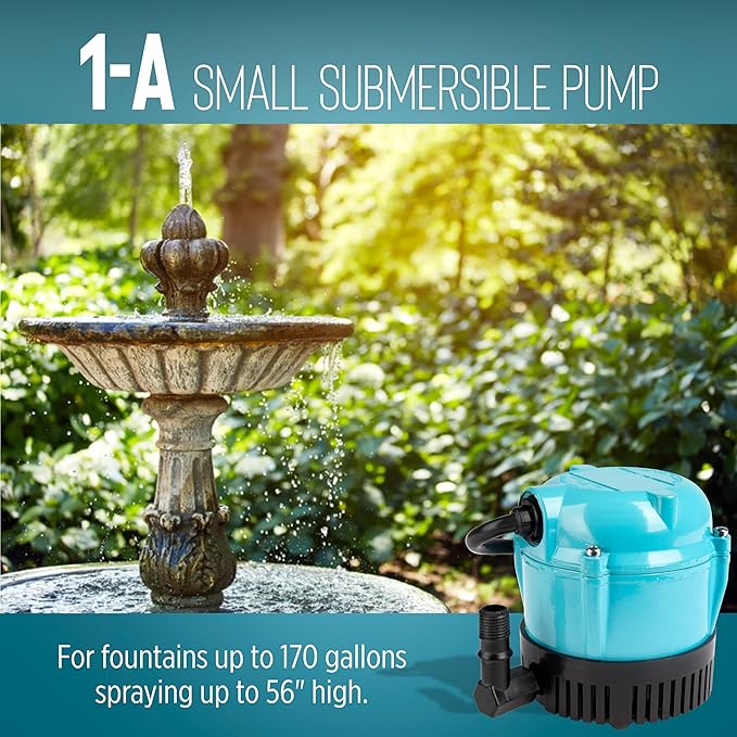 Little Giant 1-A 115 Volt, 1/200 HP, 170 GPH Small Submersible Permanently Oiled Pump for Fountain, Water Displays and Air Conditioners, 6-Foot Cord, Blue, 500203