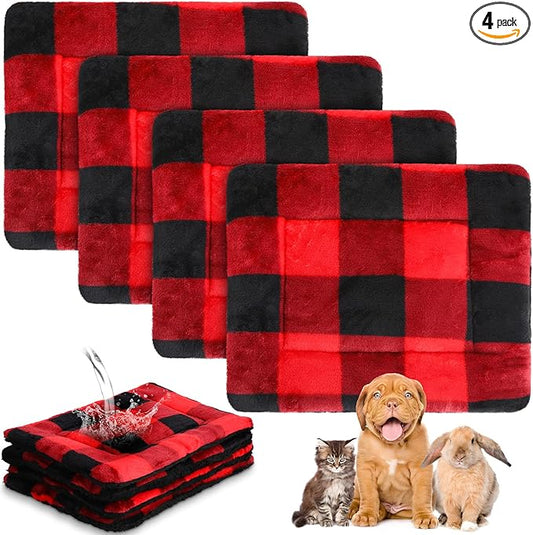 Haull 4 Pcs Waterproof Guinea Pig Bedding Guinea Pig Bed Plush Cage Liners Soft Rabbit Dog Crate Pad Cat Mat Reversible Cozy Animal Pee Pad Hamster Bunny Mat Accessory(Christmas Plaid,13 x 18.5 Inch)