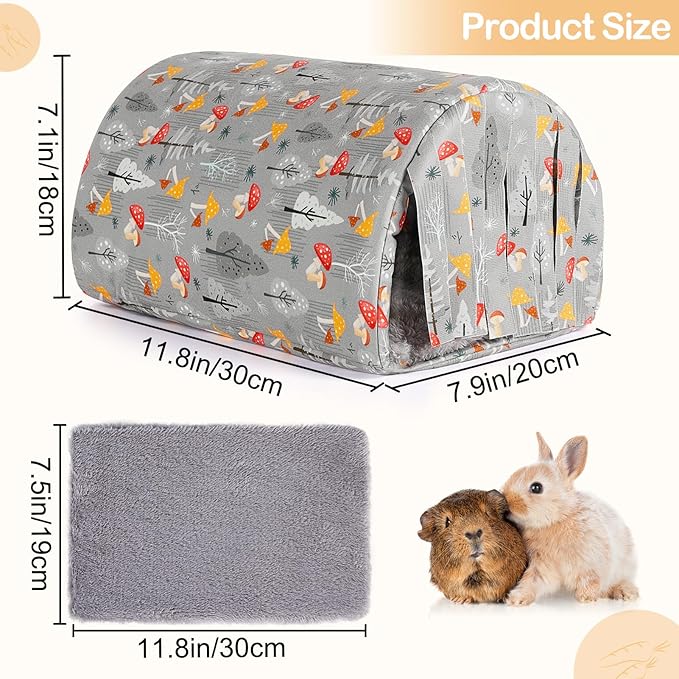 Glittme Guinea Pig Hideout with Curtain and Tunnel - Soft Bed with Cushion - Suitable for Guinea Pig, Hamster, Chinchilla, Bunny - Grey Mushrooms