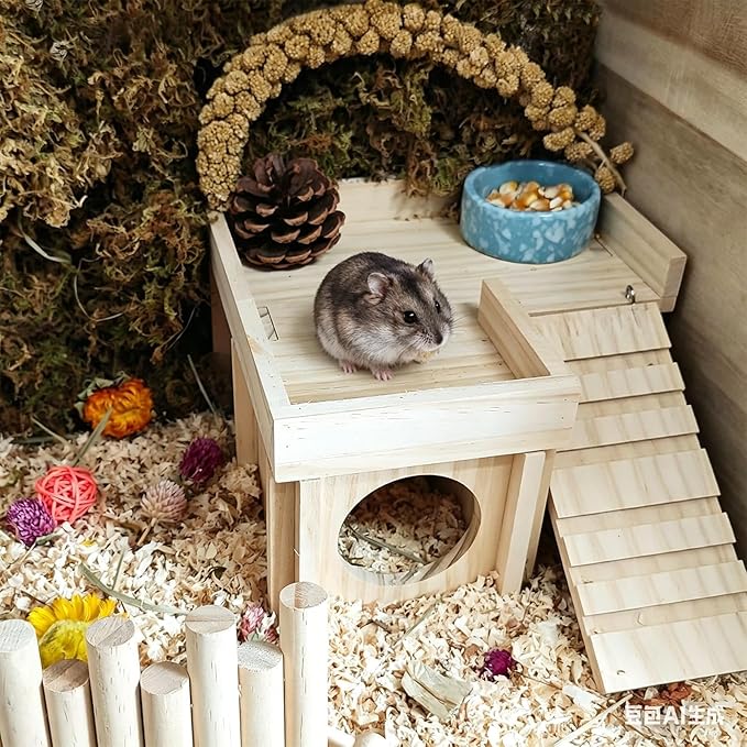 Wooden Hamster Hideout,Dwarf Hamster Hide House with Platform & Bowl & Ladder,Small Hamsters Maze Hut Hides Habitats Decor Cage Accessories for Gerbils,Mice,Mouse