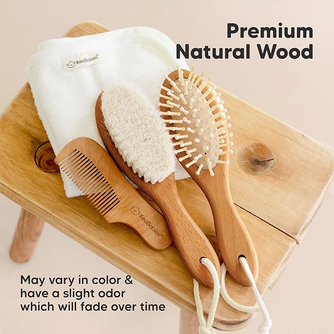 Baby Hair Brush Set for Newborns - Soft Goat Bristle Wooden Baby Brush and Comb Set Newborn Grooming Kit for Cradle Cap, Durable & Gentle, Boy, Girl Infant Essentials Care Kit (Regular, Golden Oak)