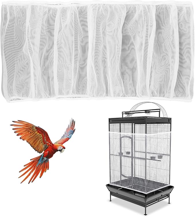 SHENLIU White Bird Cage Mesh Cover, Seed Collector Protective Meshs Cover, Adjustable Soft Breathable Mesh, Budgie Cage Bird Seed Collector Suitable for Parrot Cages Round and Square Cages