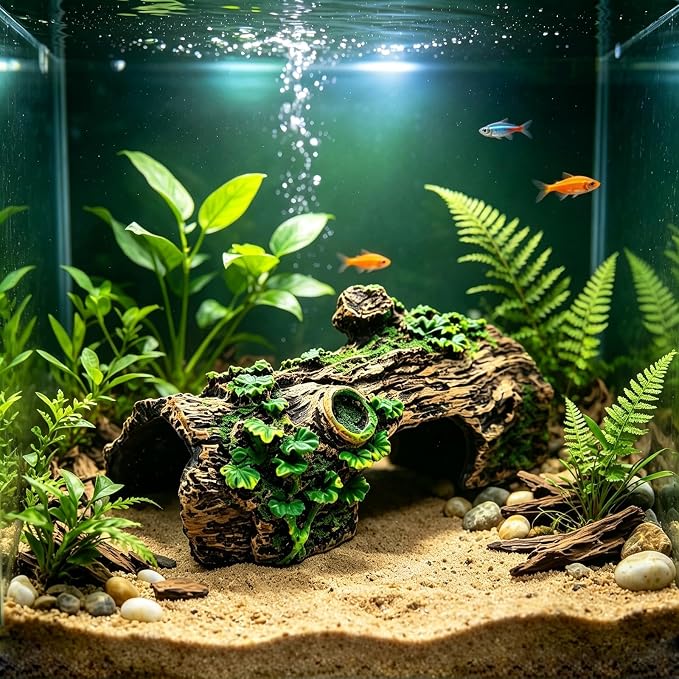Aquarium Décor Artificial Driftwood House Fish Tank Ornamnt Cave | Bettas House ,Resin Hollow Tree Trunk Décor，Reptile Terrarium Decor，Fish Shrimp Goldfish Reptile Hide Cave for Play & Res