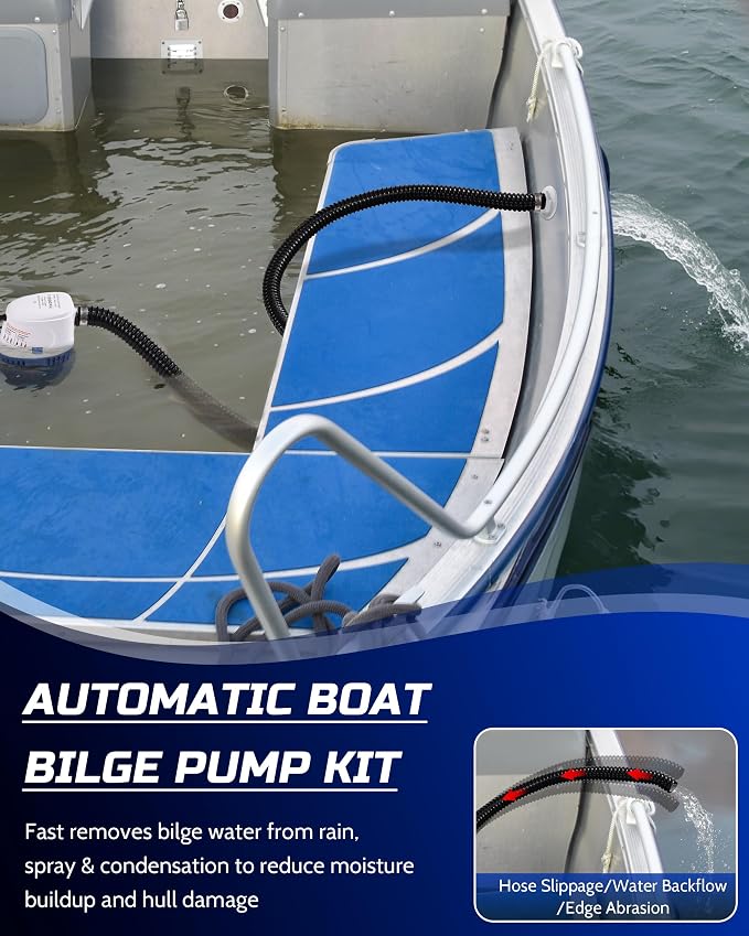 12V Automatic Boat Bilge Pump Kit, 1100GPH DC Marine Pump w/Float Switch | Submersible Water Removal Pump for Fishing Boat, Runabouts, Cruisers, 1-1/8" Outlet, Marine-Grade Hose & Thru-Hull Fitting
