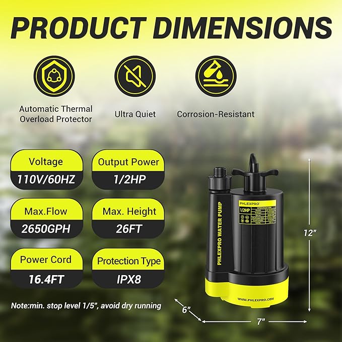 Sump Pump 1/2HP Submersible Water Pump, 2650GPH Utility Pump Thermoplastic Electric Portable Transfer Pump for Swimming Pool Garden Pond Basement with 16.4ft Long Power Cord