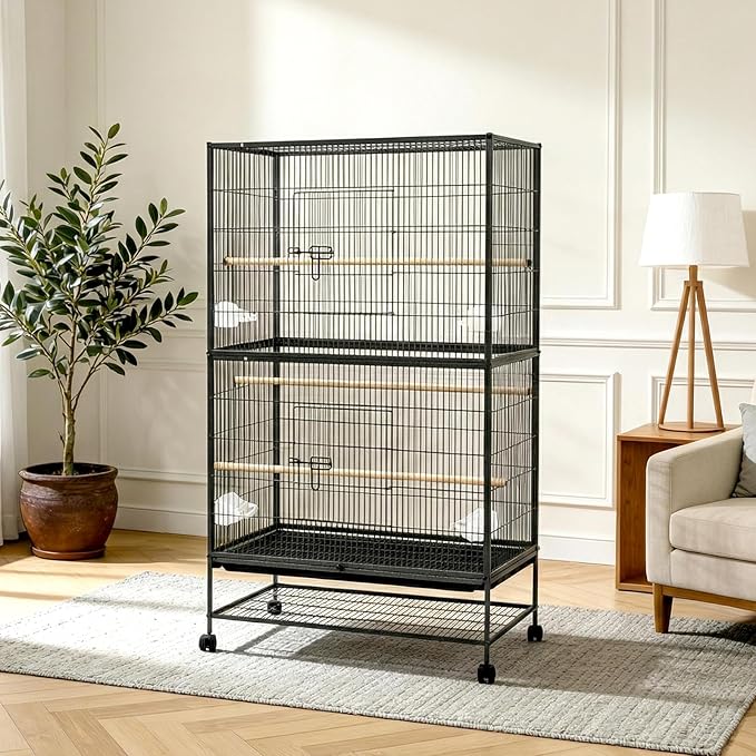 60" H Large Bird Cage, Rolling Bird Cage with Storage Stands, Feed Bowls, Wide Flight Parakeet Cage for Macaw, Parakeets, Conures, Cockatiel, Cockatoo