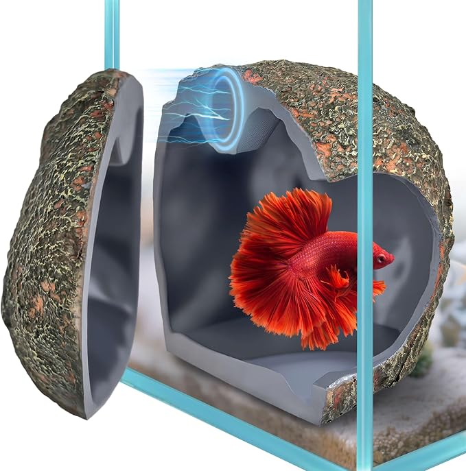 Magnetic Rock Aquarium Cave, Betta Fish Hideout & Fish Tank Decor | Fits glass or acrylic up to 0.5 in, dark interior hiding spot for shy pleco, cichlid, small fish and geckos, wipes clean