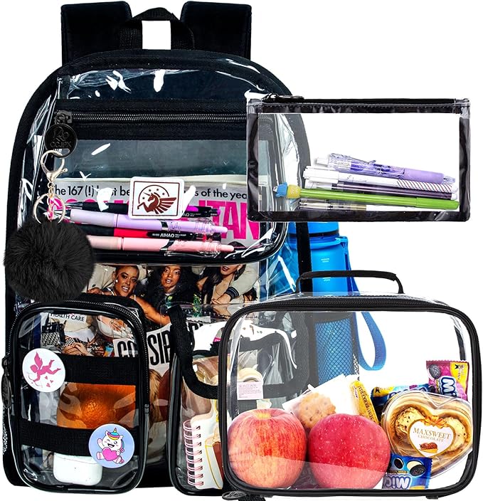 CCJPX 3Pcs Clear Backpack for Girls, School Transparent Bookbag, Heavy Duty See Through Backpacks for Teens Elementary