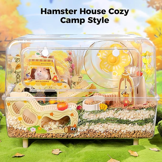 mini&moe Camping Hamster Houses and Hideouts – Wooden Multi-Room Hamster Hideout Small Animal Habitat Decor Shelter with Platform for Dwarf Gerbils Chinchilla Rat Mouse