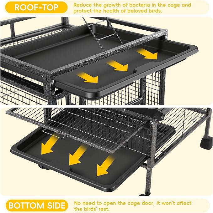 61" Large Parrot Cage with Rolling Stand, Wrought Iron Bird Cage for African Grey Macaw, Corner Design with Rooftop Play Area, Lockable Door & 360° Wheels, Heavy Duty Aviary Black