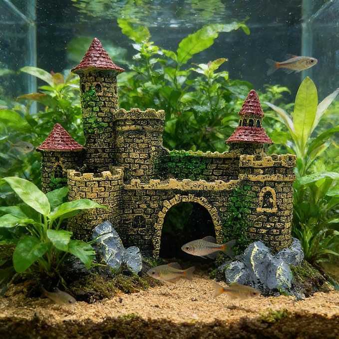 M2cbridge Aquarium Decor Castle Shipwreck Ornament Underwater Landscape(Yellow Castle)