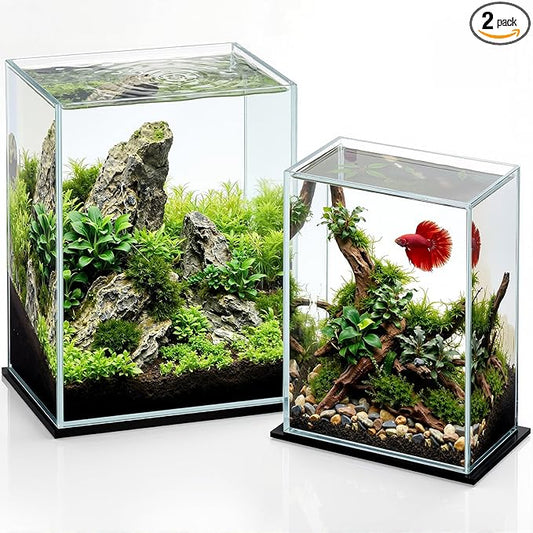 Geelin 2 Pack Rectangular Glass Fish Tank Set 3 Gallon and 5 Gallon Clear Rimless Small Aquarium for Betta Goldfish Snails Shrimp Aquatic Planting Easy to Maintain with 2 Non Slip Pads