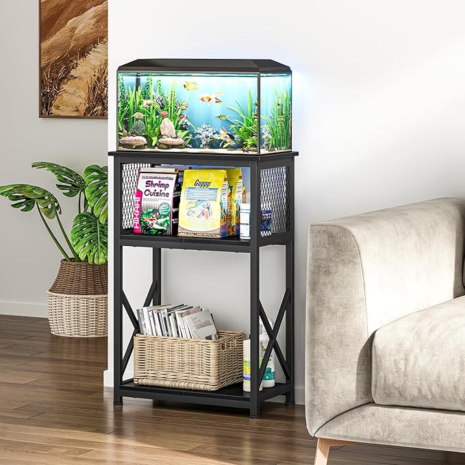 Snughome 10 Gallon Aquarium Stand with Storage, 3 Tier Heavy Metal Fish Tank Stand Shelf 20.47" x 11.42" x 30.91", Black