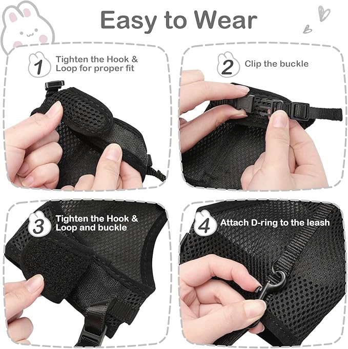 PETTOM Bunny Rabbit Harness with Stretchy Leash Cute Adjustable Buckle Breathable Mesh Vest for Kitten Small Pets Walking (Black,XS)
