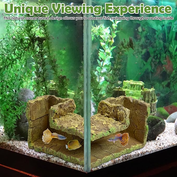 kathson Aquarium Hideaway Cave Underground Tunnel Hideout Wood-Like Fish Tank Cave for Corners View Fish in Aquarium Decoration with 2PCS Plastic Aquatic Plants for Betta Shrimp Guppy Hide