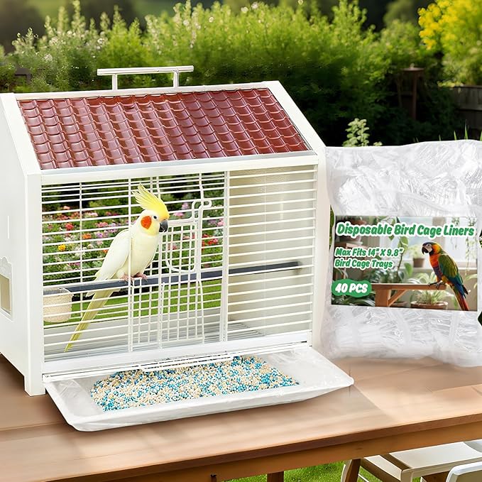 RAINFLOW Disposable Bird Cage Liner - 40PCS Elastic Plastic Small Animal Cage Liners Waterproof Easy to Clean Leakproof for Portable Birdcage Litter Box Liners for Parakeet Hedgehog Hamster (14x9.8in)