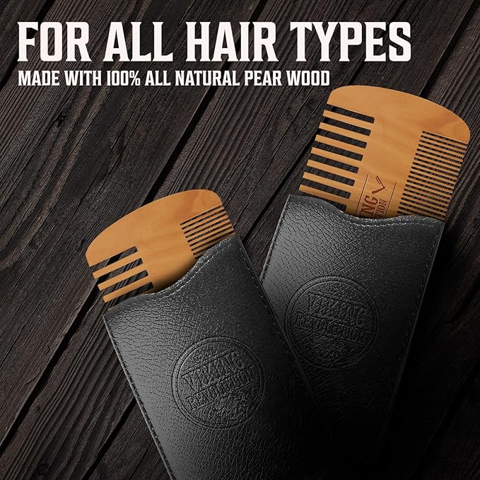 Viking Revolution Wooden Beard Comb & Case, Dual Action Fine & Coarse Teeth, Perfect for use with Balms and Oils, Top Pocket Comb for Beards & Mustaches (2 Pack)