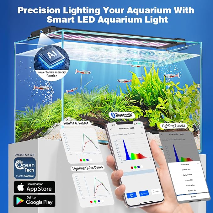 Bluetooth LED Aquarium Light with APP Control, 3 Modes for 24-30 Inch Fish Tank Light with Full Spectrum White Blue Red Green Lights, IP68 Waterproof with Extendable Brackets for Freshwater