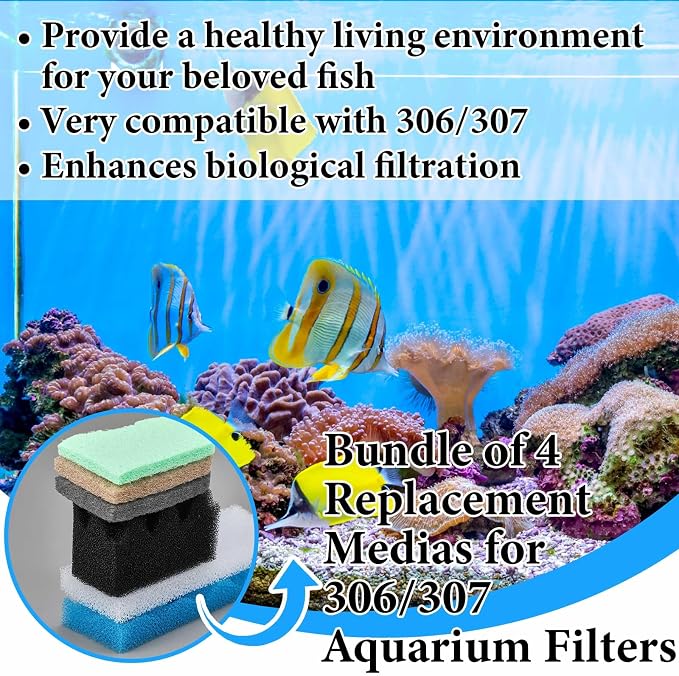 Threlaco 32 Pcs Filter Media Compatible with 306/307 Filters, Aquarium Replacement Maintenance Kit Including Biological Sponge, Ammonia/Phosphate/Nitrite Remover Pad, Aquarium Towel, Grease