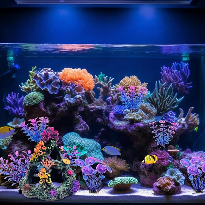 GSD Aquarium Colorful Coral Reef Set Fish Tank Decoration Mountain Ornament for Aquarium Environments Decor Accessories, Coral Mountain x 1, Aquatic Plant x 4 (Pack of 2)
