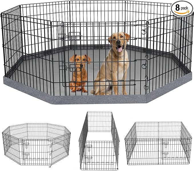 PETIME Foldable Metal Dog Exercise Pen/Pet Puppy Playpen Kennels Yard Fence Indoor/Outdoor 8 Panel 24" W x 36" H with Bottom Pad (with Bottom pad, 8 Panels 36" H)
