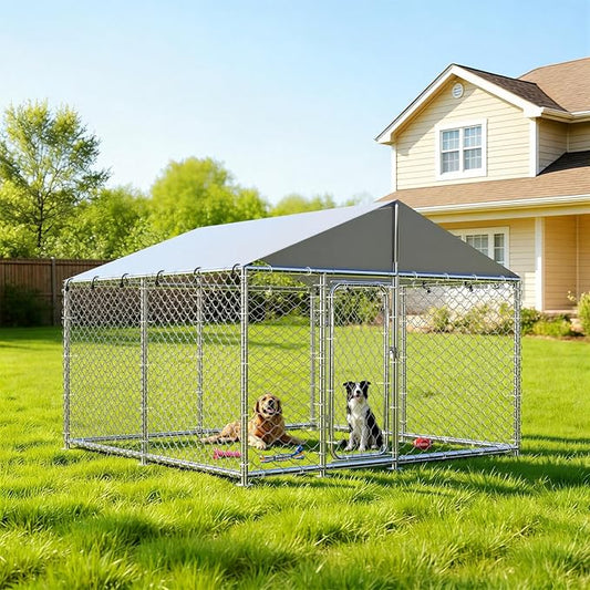 7.8'x7.8' Outdoor Dog Kennel, Heavy-Duty Dog Run with Wire Mesh Fence, Lock & Waterproof Cover for Large Dogs
