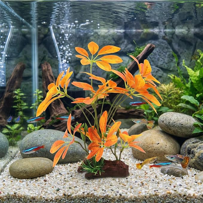 JGbaby Artificial Aquarium Plants,Fish Tank Decorations Betta Leaf Hammock Driftwood 10in Realistic Silk & Plastic Plants, Hideout Decor for Betta. Goldfish,Reptiles,Small Tanks (YellowType-B)