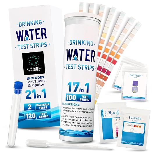 Water Testing Kit for Drinking & Well Water, Home Test Kit | 21-in-1 Kit, 120 Sealed Strips + 2 Bacteria Tests, Detects Lead Chlorine Nitrate Iron pH, Home Tap Well Pool RV Aquarium