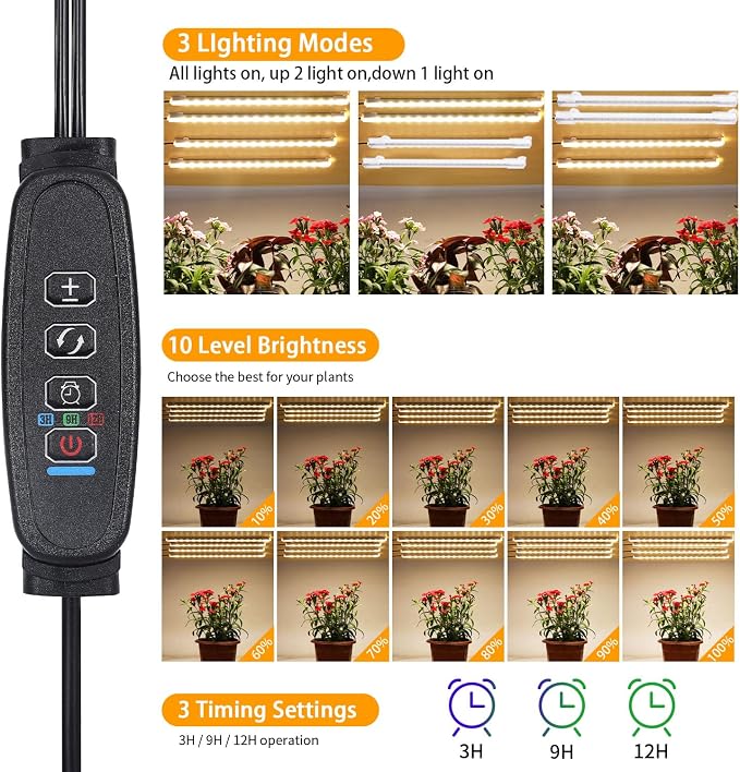 8.6'' LED Plant Growing Light Strips, Full Spectrum 3500K Grow Light for Indoor Plants with 3/9/12H Timer, 10 Dimmable Levels for Seedling Succulent and Plant Shelf, 4 Head 2 Pack