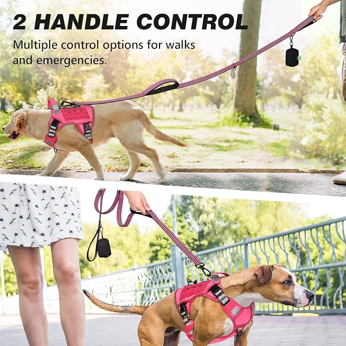 WINGOIN Dog Leash for Large Medium Small Dogs, Heavy Duty Dog Leashes with Double Handle, Poop Bag Holder, Car Seat Belt Buckle, Reflective Tactical Pet Lead for Walking, Training (Pink, 6FT)