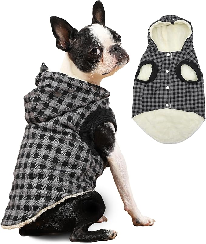 Vecomfy Fleece Lining Dog Hoodie for Medium Dogs Extra Warm Plaid Sweater with Drawstring Hooded Coats in Winter Doggie Jacket,Black L