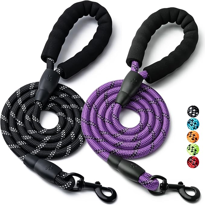 2 Pack Dog Leash, 4/5//6 FT Heavy Duty Nylon Rope Pet Leashes with Comfortable Padded Handle, Reflective Dog Leashes for Small Medium and Large Dogs (6FT-1/2,Black/Purple)