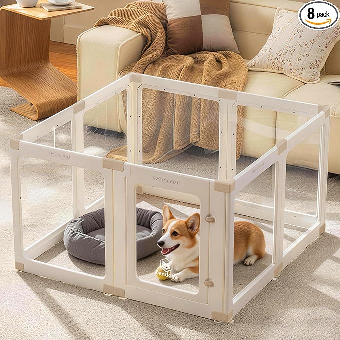 Acrylic Dog Playpen Indoor for Small Dogs & Puppies, Clear Transparent Pet Playpen with Modern No-Bar Design, 23.6" Easy Assemble Puppy Play Pen, Escape-Proof & Sturdy (8 Panels, White)