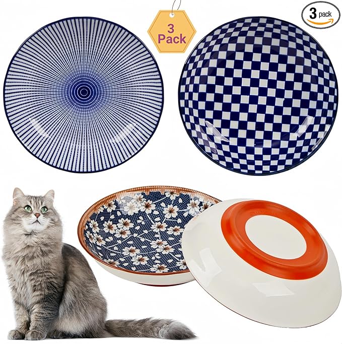 3 Pack Non-Slip Cat Bowl, No Spill Ceramic Cat Food Bowls, 5.5" Whisker Friendly Cats Dish Set for Indoor Cats, Shallow Wide Kitten Dishes for Food, Boho Kitten Bowls with Silicone Bottom