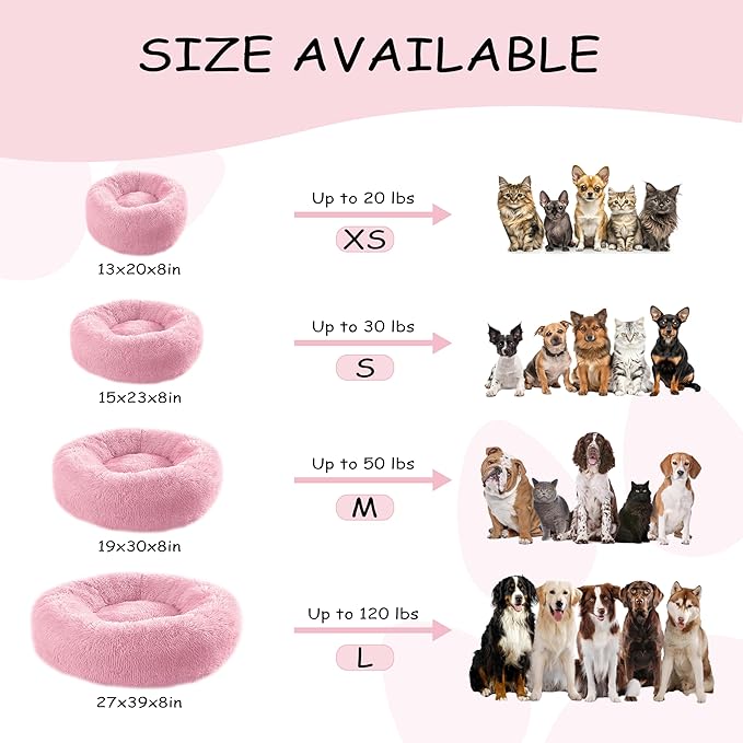 Bunlitent 39'' inch Calming Dog Bed, Anti-Anxiety Donut Bed for Medium Large Dogs, Warming Cozy Soft Cute Round Washable, Marshmallow Cuddler Nest Puppy Dogs and Cats Bed,Pink