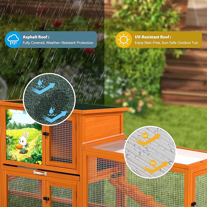 COZIWOW 82” Extra Large Fashion Wooden Outdoor Rabbit Hutch Bunny Cage Indoor Easy to Assemble and Durable with Cleaning Tray & Waterproof Roof for Small & Medium Bunny Rabbit Duck Chick (Orange)