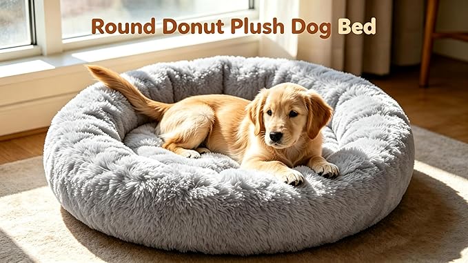 Calming Extra Large Donut Dog Bed, Round Soft Fluffy Plush Faux Fur Anti-Anxiety Washable Anti-Slip Pet Bed for Large Size Dog and Cat 32in Gray