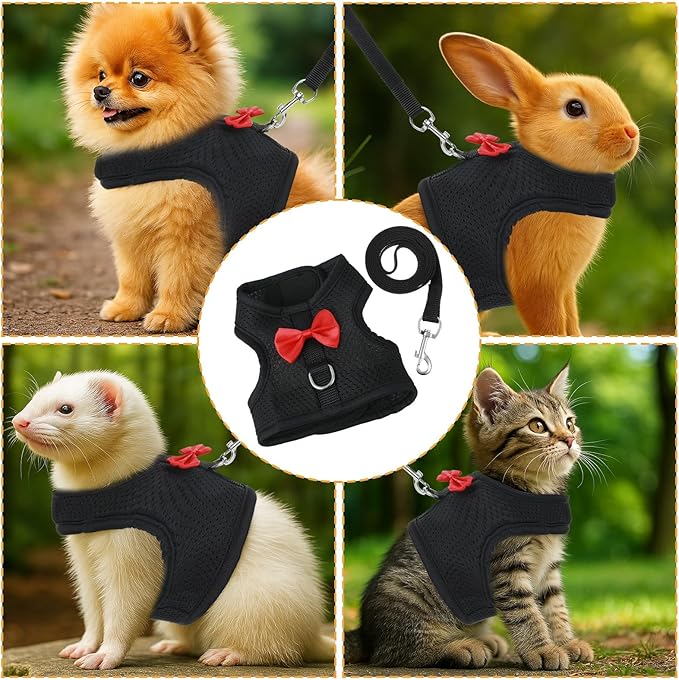 Bunny Harness and Leash Set, Soft Breathable Mesh Rabbit Leash Vest with Safety Buckles, Lightweight Escape-Proof Walking Gear for Rabbits, Kittens, Ferrets, Guinea Pigs, Black M