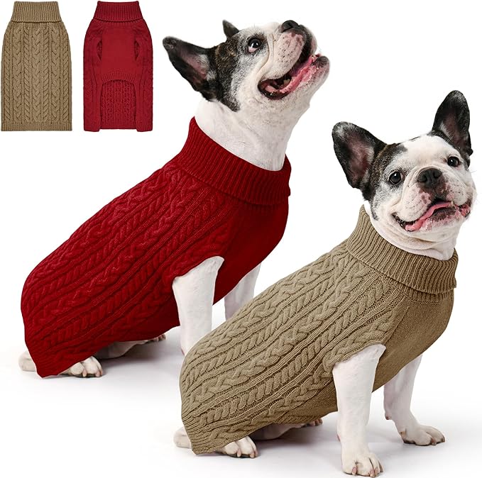 2 Pack Dog Sweaters for Medium Dogs Winter Turtleneck Pullover Cable Knit Fleece Stretch Frenchie Dachshund Pug Corgi Beagle Boy Girl Pet Clothes (M, Red & Brown)