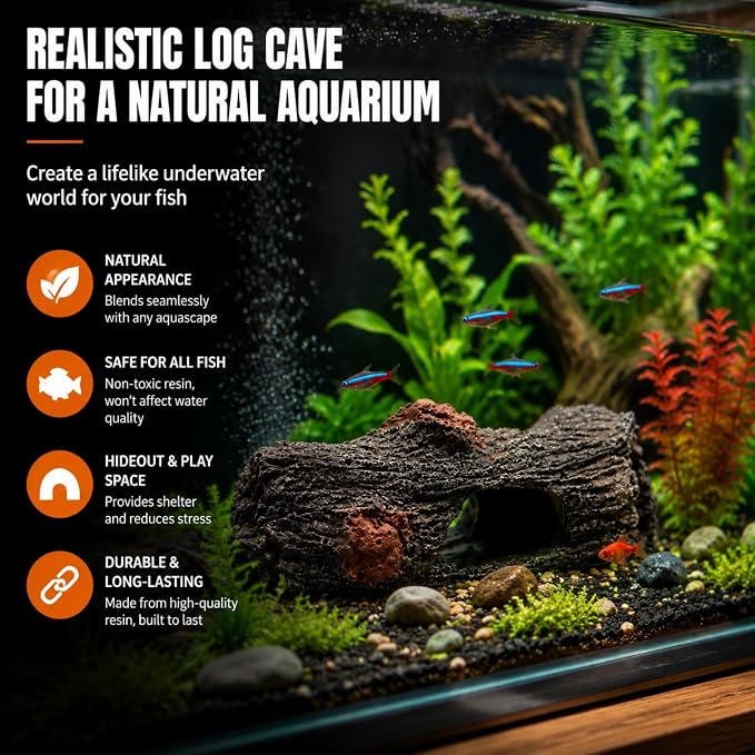 Aquarium Driftwood Decoration, Fish Tank Hiding Cave, Betta Fish Hideout | Resin driftwood decoration, small aquarium accessory, includes 6 soft and safe artificial aquatic plants